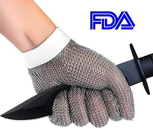 Stainless Steel Glove, Food Grade 304L Steel Mesh Chainmail Glove Hand Safe Cut Resistant Kitchen Cutting Glove (1 Piece), 1 Free Glove Tightener Included