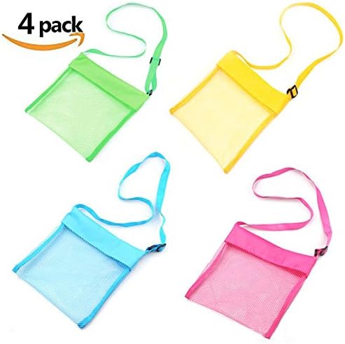 Dmaxia Seashell Bag Kid Child Beach Mesh Toy Tote Shoulder Bags with Adjustable Carrying Straps Easy Carry Breathable Toy Storage sand Bag Pack of 4（Blue Pink Green Yellow）