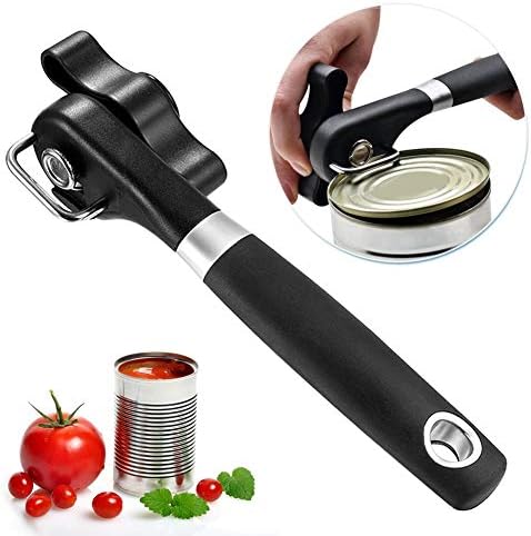Can Opener, Stainless Steel Manual Can Opener with Smooth Edge, Handheld Bottle Tin Opener, Food Grade Heavy Duty with Anti-Slip Hand Grip, Black
