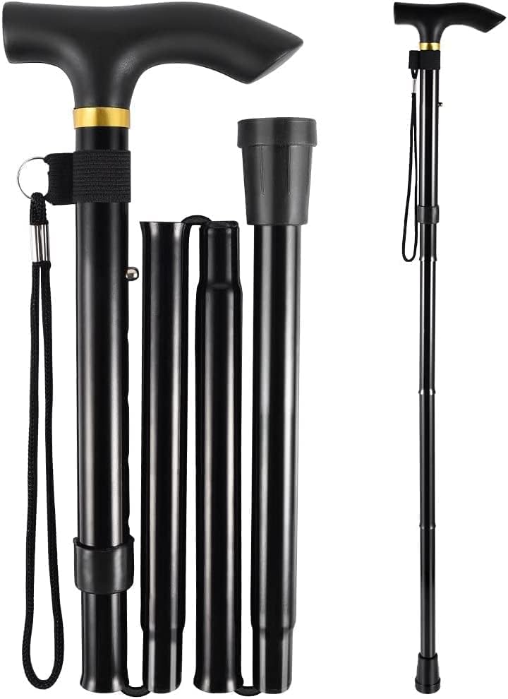 Foldable Walking Stick for Seniors & Adults, Adjustable & Lightweight Mobility Aid with Soft Ergonomic Handle for Men and Women, Collapsible Cane for Travel and Elderly Support (Black)