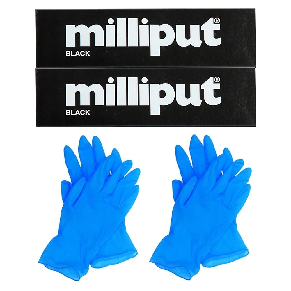 2 x Milliput Black Epoxy Putty With Two Pair of Gloves Strong and Reliable Repair Solution 2 Part Resin Filler Model for Sculpture, Slate, Modelling Plumbing Ceramic Repair