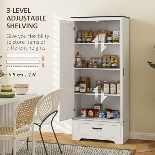 HOMCOM 72" Farmhouse Pantry Cabinet with Barn Doors, Tall Buffet Storage Cabinet with Adjustable Shelves, Freestanding Kitchen Pantry with Drawer, White Wood Grain