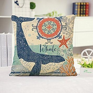 Wevda® Sea Turtle Octopus Fishes Retro Cotton Linen Square Throw Pillow Case Decorative Cushion Cover Pillowcase Blue Ocean Series Sea Life 18*18 - Whale