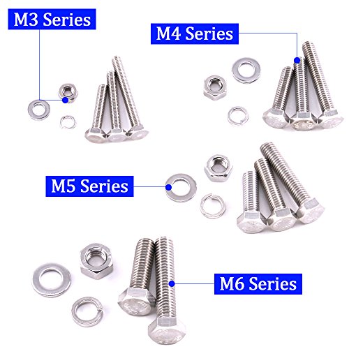 Glarks 665Pcs M3 M4 M5 M6 Stainless Steel Flat Hex Head Screws Bolts Nuts and Flat Gasket Spring