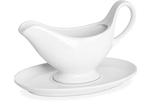 Yedio 12 oz Ceramic Gravy Boat with Saucer – Drip-Free Porcelain Sauce Boat for Gravy, Dressings, Creamer, Milk – Microwave, Oven, Dishwasher Safe – Classic White