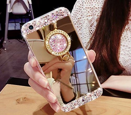 Inspirationc iPhone 8 Plus Case,iPhone 7 Plus Case, Crystal Rhinestone Mirror Glass Case Bling Diamond Soft Rubber Makeup Case for iPhone 7 Plus 5.5 Inch with Detachable 360 Degree Ring Stand-Gold