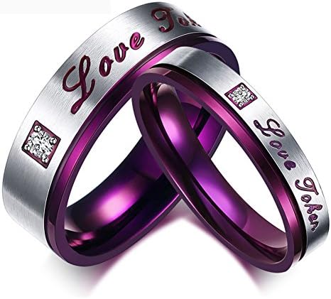 FXD Fashion Men's Women's Stainless Steel "Love Token" Engraved Couple Rings Wedding Bands, Silver Purple Color(Womens-5)