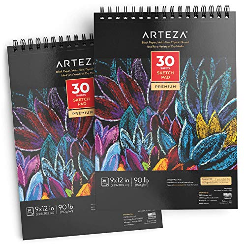 image for ARTEZA 9X12” Black Sketch Pad, Pack of 2, 60 Sheets (90lb/150gsm), 3