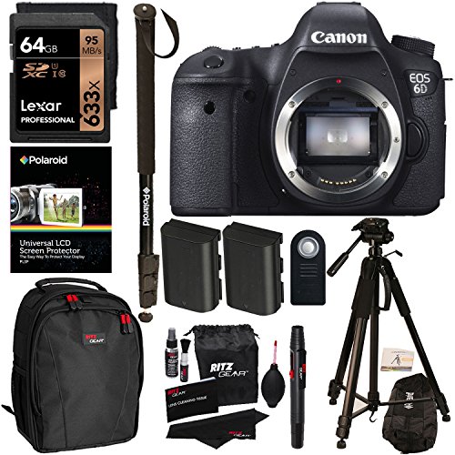 Canon 6D EOS 20.2 MP CMOS Digital SLR Camera Body Only + 64GB + Polaroid Tripod + Monopod + Ritz Gear Bag + Spare Battery + Cleaning Kit + Remote Control + Accessory Bundle