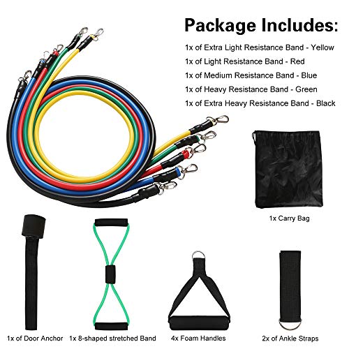 MEYUEWAL Resistance Bands Set 14pcs,Workout Bands Set with 4X Foam Handles, 8-Shaped Stretched Band, Ankle Straps,Door Anchor,Carry Bag, (14pcs)