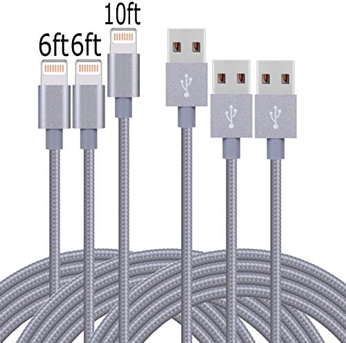 Suplink 3pack 6ft 6ft 10ft Extra long Cord 8 Pin Lightning to USB Charging Cables for iPhone SE/7/7plus/6/6s/6 plus/6s plus,5c/5s/5,iPad Pro/Air/Mini, iPod Nano/Touch(Gray)