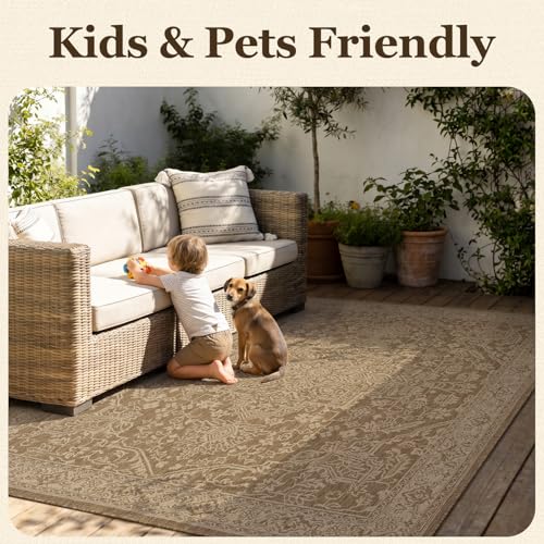 Outdoor Rug-Patio Rug Polypropylene Indoor Outdoor Carpet 7.9x10ft Porch Balcony Carpets Garden Deck Mat Easy Clean Non Slip Light Weight Vintage Outdoor Area Rug Retro Brown
