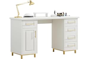 MaverickFurni White and Gold Nail Tech Desk for Nail Tech, Wooden Manicure Table with Storage, 43 Inch Nail Table with 5 Drawers and Cabinet, Manicure Desk Nail Station