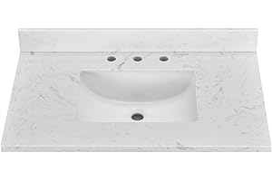 EQLOO 36" x 22" Vanity Top, Volakas White Engineered Stone Vanity Sink Top, with Undermounted Rectangular Middle Sink & Backsplash Countertop, Pre-Drilled 3 Faucet Holes for Vanity Top with Sink