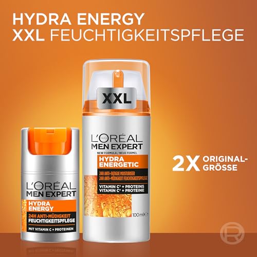 L'Oréal Men Expert XXL Gesichtspflege gegen müde Haut für Männer, Belebende Feuchtigkeitscreme 24H Anti-Müdigkeit, Gesichtscreme für Herren mit Vitamin C, Hydra Energy, [Amazon Exclusive], 1 x 100 ml 10