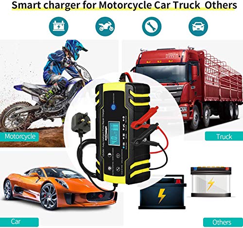 HAUSPROFI 12V/24V 8Amp Automatic Battery Charger with 3-Stage Charging, 6 Modes, LCD Screen, Intelligent Charging, Repairs, Maintains Car, Motorcycle, Boat, Mower Battery