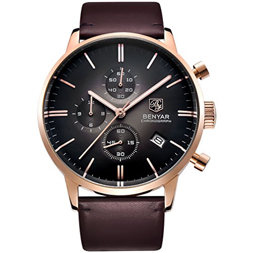 BENYAR Japanese Quartz Chronograph Waterproof Wrist Watches Business Gentleman Brown Leather Band Strap (Rose Gold Black)