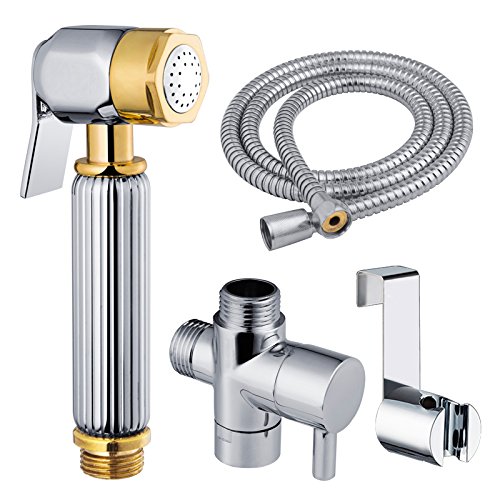 Stainless Steel Self-Cleaning High Pressure Handled Bidet Sprayer / Shataff Set with Flexible Hose and Holder and T-Valve (Chrome) (Chrome Gold Square)