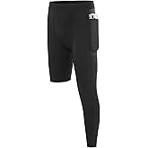Boys Compression One Leg 3/4 Tights, Youth Single Leggings for Basketball Running, Kids Athletic Pants Capri with Pockets