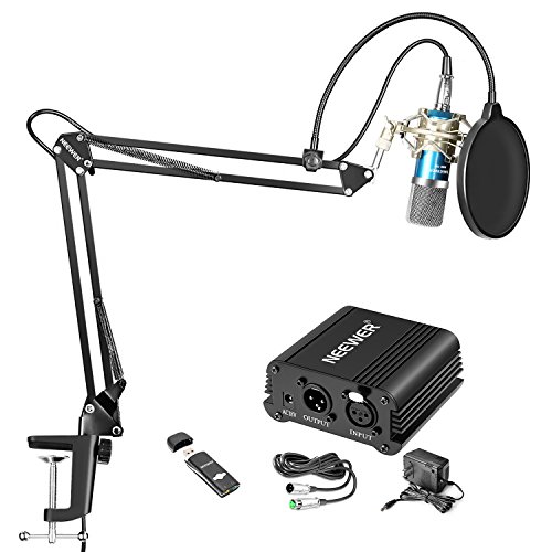 Neewer Home Studio Condenser Mic Kit: NW-700 Mic(Blue), Shock Mount(Silver), NW-35 Scissor Arm Stand with Mounting Clamp, 48V Phantom Power Supply, XLR Cable, Pop Filter and USB Stereo Sound Adapter