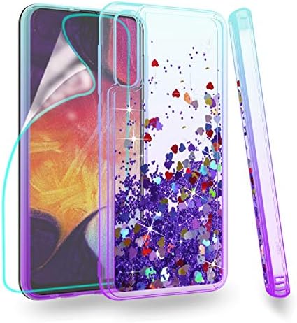 ZingCon Compatible for Samsung Galaxy A50 Phone Case,[HD Screen Protector] Glitter Waterfall Quicksand Bling Adorable Shine Shockproof Protective Cover-Lake/Purple