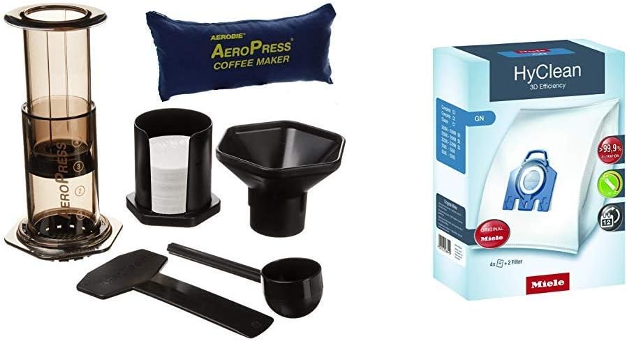 Aeropress 82R08 Coffee Maker with Tote Bag - Black & Miele HyClean GN 3D Efficiency Dustbags for Classic, Complete, S2000, S5000, and S8000 Series
