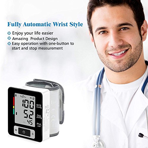 Wrist Blood Pressure Monitor, Digital BP Monitor with Memory Storage, Intelligent LCD Display Automatically Measure Pulse Diastolic Systolic and Shows Hypertension Level (Ck133)