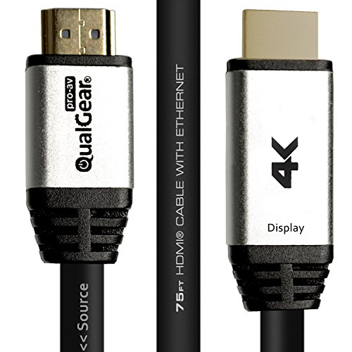 QualGear High Speed Long HDMI 2.0 Cable with Ethernet (75 Feet) - 100% OFC Copper, Active RedMere Chipset, 24 Awg, CL3 Rated, Triple-Shielded. Supports 4K UHD, 3D, 18 Gbps, ARC (QG-CBL-HD20-75FT)