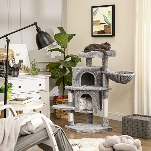 FEANDREA 39Inch Cat Tree, Cat Tower Condo, 2 Caves, 1 Basket, Light