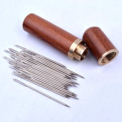 Jdesun Wooden Needle Case with 40 Pieces Large-Eye Stitching Needles, Hand Sewing Needles for Leather Craft Projects