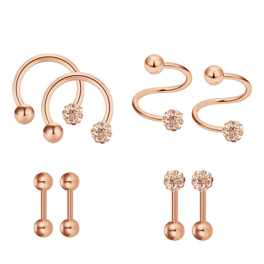 Mayhoop 8Pcs 16G Tragus Helix Earring Surgical Steel Basic Ball Crystal Ball Rose Gold Horseshoe Nose Rings Tragus Daith Helix Earrings Piercing Jewellery