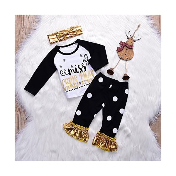 3Pcs Baby Gilrs Christmas Star Letters T-shirt Top+Long Dot Bronzing Pant+Headband Warm Outfit - Image 3