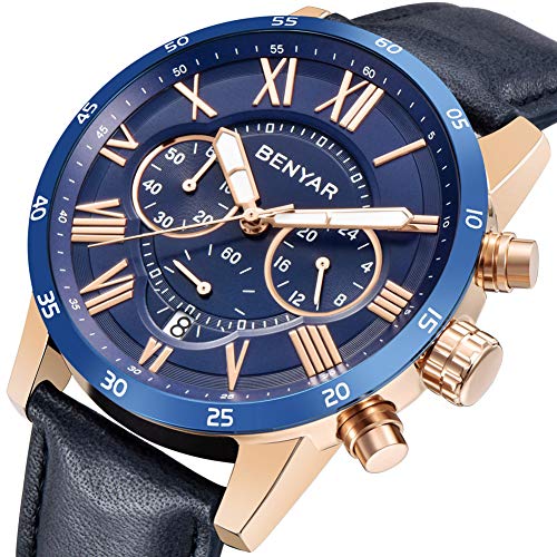 BENYAR Fashion Blue Watches Date Chronograph Waterproof Business Casual Wrist Sport Leather Band Watch (BLUE)