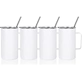 MAIKESUB 4 Pcs Sublimation Blank Skinny Tumbler 24 OZ White Mugs with Handle and Straw Double Wall Stainless Steel Coffee Travel Straight Mug with Sliding Lid