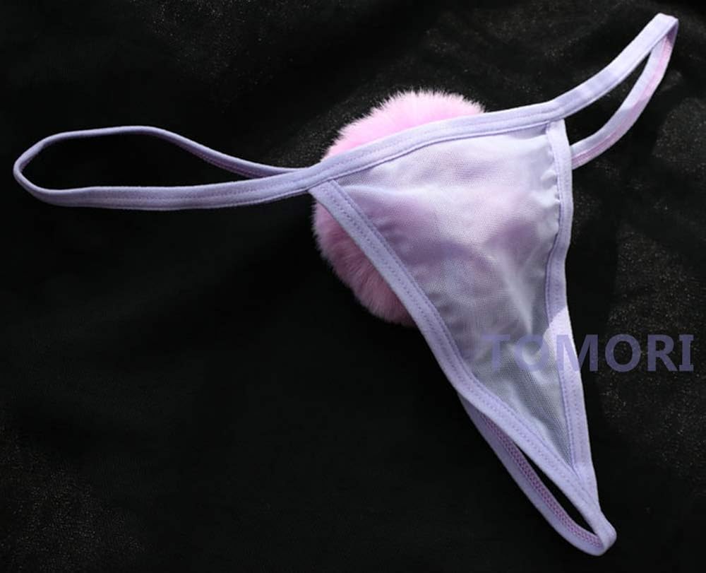 TOMORI Womens Sexy Thong Pantie Cute Rabbit Tail G-String Fur Ball Bikini T-Back Cosplay Underwear, Purple (Mesh), One Size: Clothing