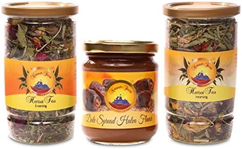 Holy Land gift: Natural Dates Spread Halva Flavor - Morning and Evening Herbal Tea three products Set