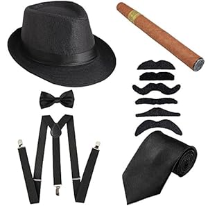 KaKaxi 1920s Mens Costume Accessory - Manhattan Fedora Hat, Y-Back Suspenders & Pre Tied Bowtie, Gangster Tie,Toy Cigar & Fake Mustache (Onesize, Black)