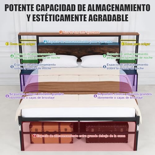 CNHVEIF Base de Cama con Cabecera y Luces RGB, Base Cama con Estación de Carga USB Incorporada y Espacio de Almacenamiento, Cama Metálica con Mesilla de Noche, Fácil Montaje