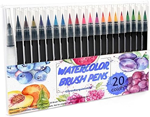 Watercolor Brush Pens Set, 20 Colors Water Based Drawing Markers Brushes W/A Water Coloring Brush, Aqua Colored Ink W/Soft Flexible Tip for Adult Coloring Books, Manga, Comic, Calligraphy