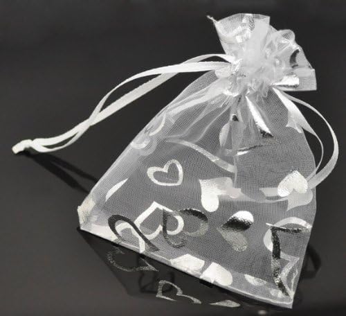 Grandroomchic[TM] 100 Pcs 3.5x5 " White with Heart Pattern Jewelry Organza Drawstring Pouches Jewelry Party Candy Bags Jewelry Pouch Favor Gift Bags