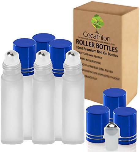 Cecathlon Empty Glass Aromatherapy Essential Oils Roller Bottles with Recipe eBook, 6-Pack, Frosted White/Blue Lids