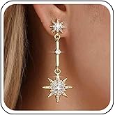 Aneneiceera Boho Crystal North Star Earrings Gold Cz Star Drop Earrings Long Northstar Dangle Earrings Rhinestone Starburst Earring Jewelry for Women