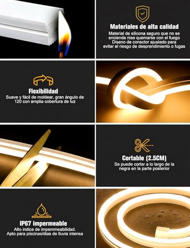 Tira LED Neón 5M Blanco Cálido, 120 LED/m 600 LEDs, IP65 Impermeable, Tira de Luces LED Flexible de Silicona Cortable 12V para Decoración de Habitación, Sala, Cocina, TV, Jardín y Exterior