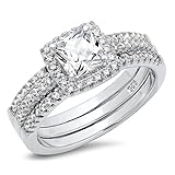 925 Sterling Silver Cushion Cubic Zirconia CZ 2Pc Halo Wedding Engagement Ring Insert Set