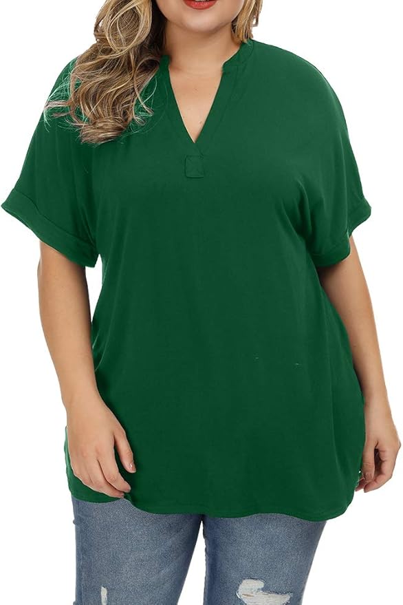 Allegrace Women's Plus Size Tops Short Sleeve V Neck T Shirts Casual Summer Loose Blouses Green 