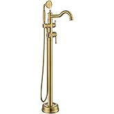 Free Standing Tub Faucet, Qinkell Classic Elegant Gooseneck Freestanding Bathtub Faucet with Sprayer Brass Luxury Floor Mount Bath Faucets High Flow Roman Tub Filler, Brushed Gold (QC-202511BG)