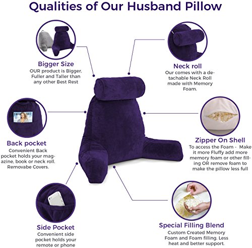 Husband Pillow - Big Bedrest Reading & Support Bed Backrest with Arms Purple - Premium Shredded Memory Foam with Detachable Neck Roll Pillow - Bed Rest Pillow Makes a Comfy & Therapeutic Cuddle Buddy