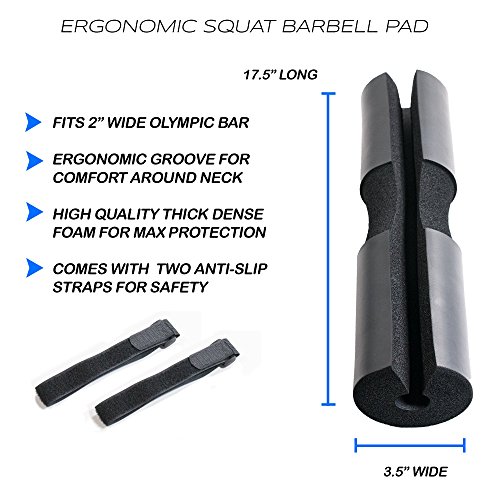 EXOUS Bodygear Barbell Pad Squat Bar Thick Foam Cushion - Protector for Neck & Shoulders - Fits Olympic Weight Lifting Bar - Fixing Straps for Non Slip Fit