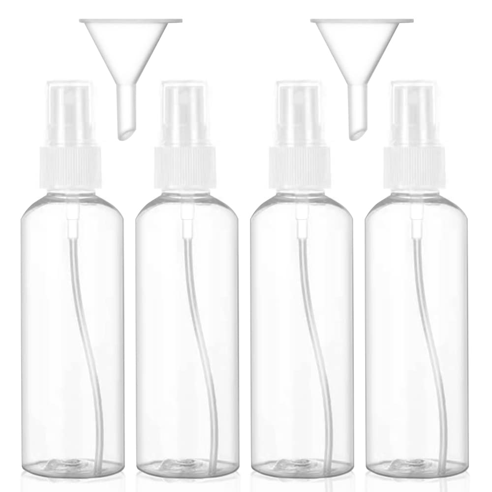 Hanyousheng Spray Bottle, Plastic Refillable Spray Bottle, 4 Pieces 100ml Atomiser Spray Bottle, Transparent Fine Mist Spray Bottle, Spray Bottle Set, for Cleaning, Perfume, with 2 Pieces Funnel