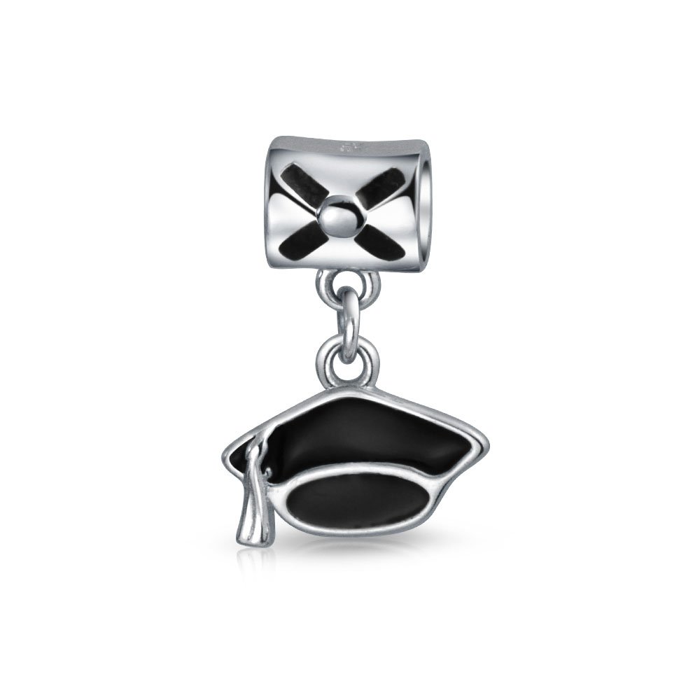 Bling Jewelry Personalize Oval Engravable Graduate Trencher Black Graduation Cap Dangle Bead Charm For Women Teen Student Oxidized Enamel .925 Sterling Silver Fits European Bracelet